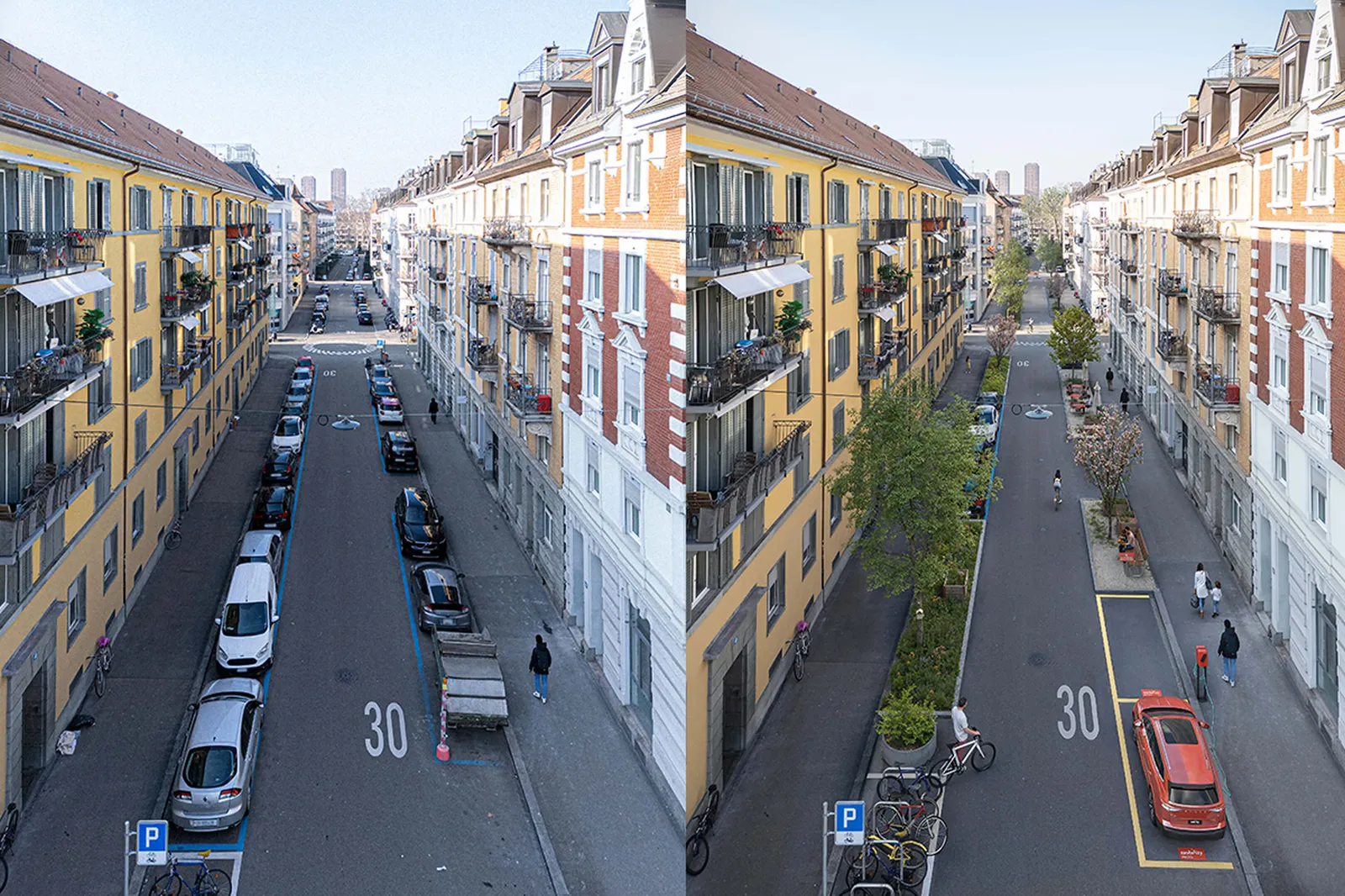 Comparaison avant/après d’une rue urbaine à Zurich: à gauche avec des voitures garées; à droite avec un trafic limité dans une zone 30, avec plus d’espace pour les vélos, les piétons et de la végétation.