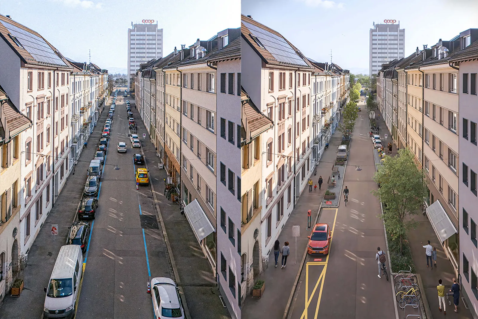 Comparaison avant/après d’une rue dans un quartier de Bâle: à gauche, de nombreuses places de parc; à droite, un réaménagement avec de la végétation, des espaces où l’on peut s’asseoir et plus de place pour les piétons.