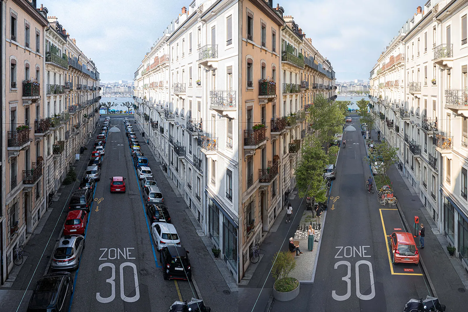 Comparaison entre une rue urbaine à Genève, avec de nombreuses voitures garées, et une zone de rencontre végétalisée qui offre plus d’espace aux personnes.