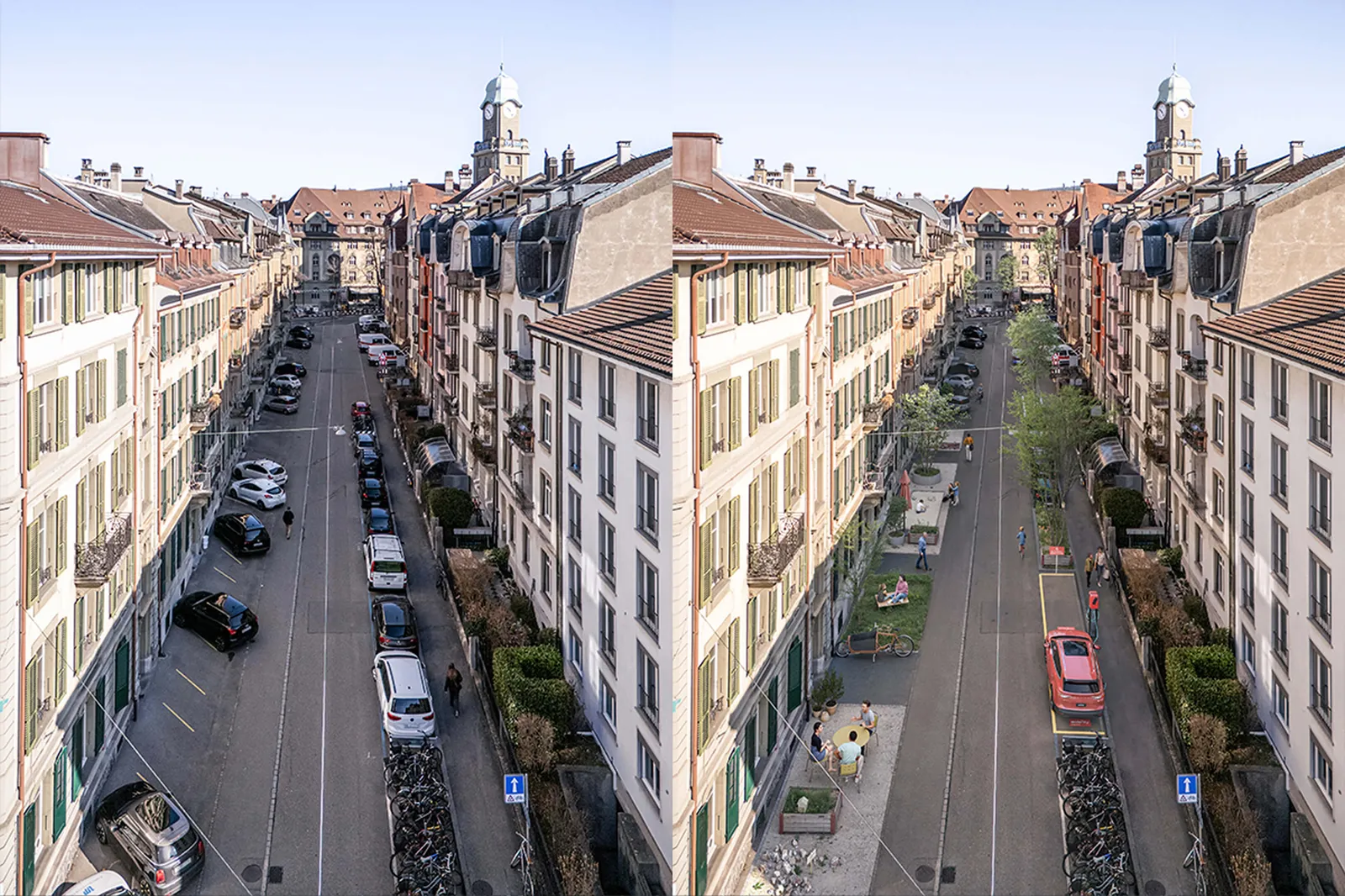 Comparaison avant/après d’une rue résidentielle à Berne: à gauche, avec de nombreuses voitures garées; à droite, avec un trafic limité, des arbres, des vélos et une zone de rencontre pour les riverains.