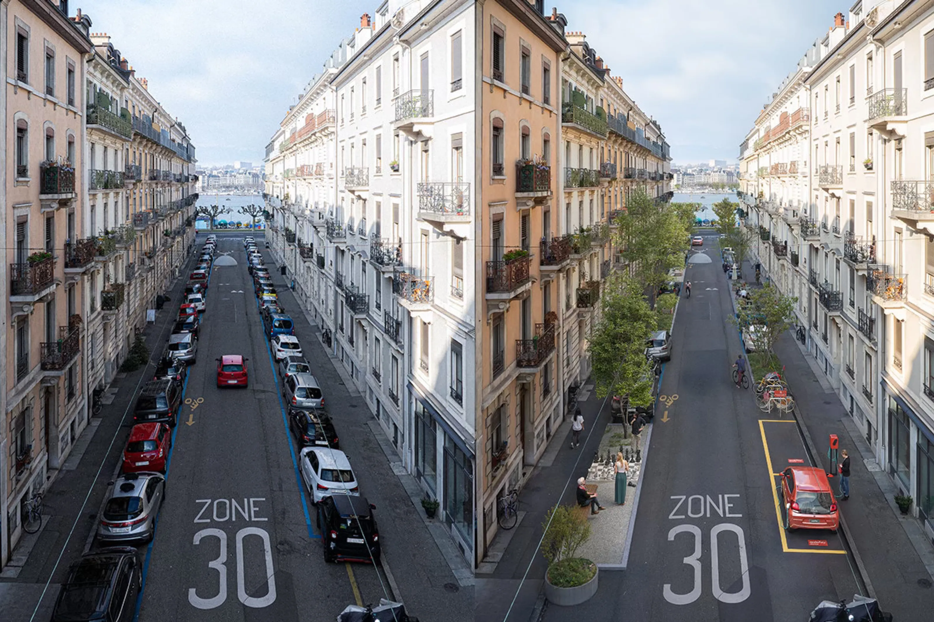 Comparaison entre une rue urbaine, avec de nombreuses voitures garées, et une zone de rencontre végétalisée qui offre plus d’espace aux personnes.